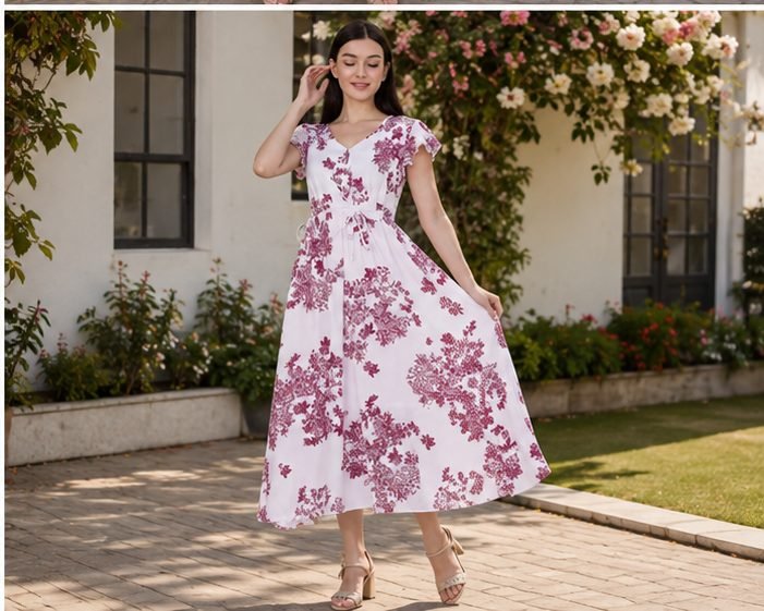 Rangriwaz White & Magenta Floral Printed Fit & Flare Midi Dress