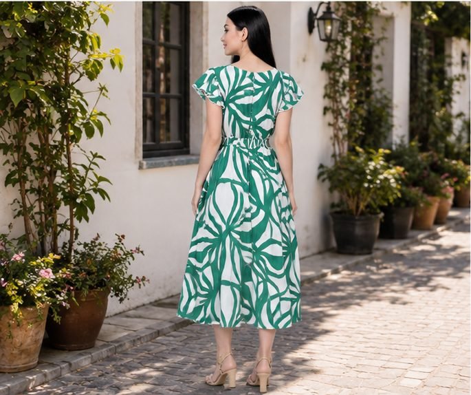 Rangriwaz Green & White Abstract Leaf Printed Crepe Fit & Flare Midi Dres - Image 4