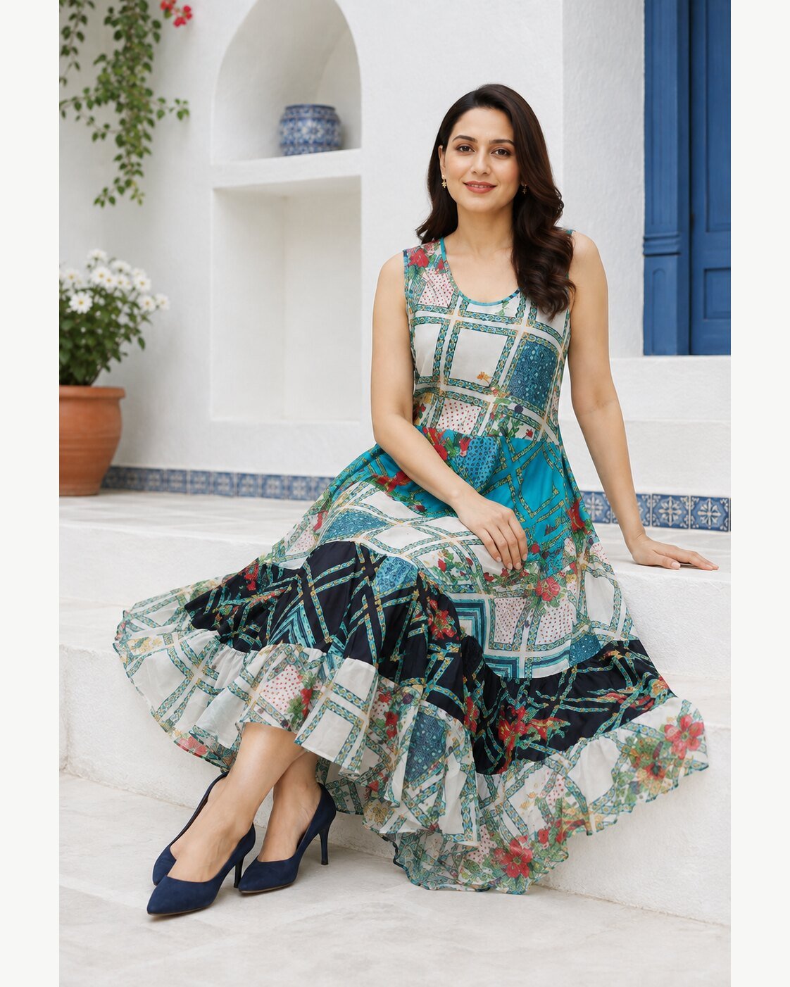 RANGRIWAZ Women Blue Multicolour Patchwork Printed High-Low Midi Dress - Image 4