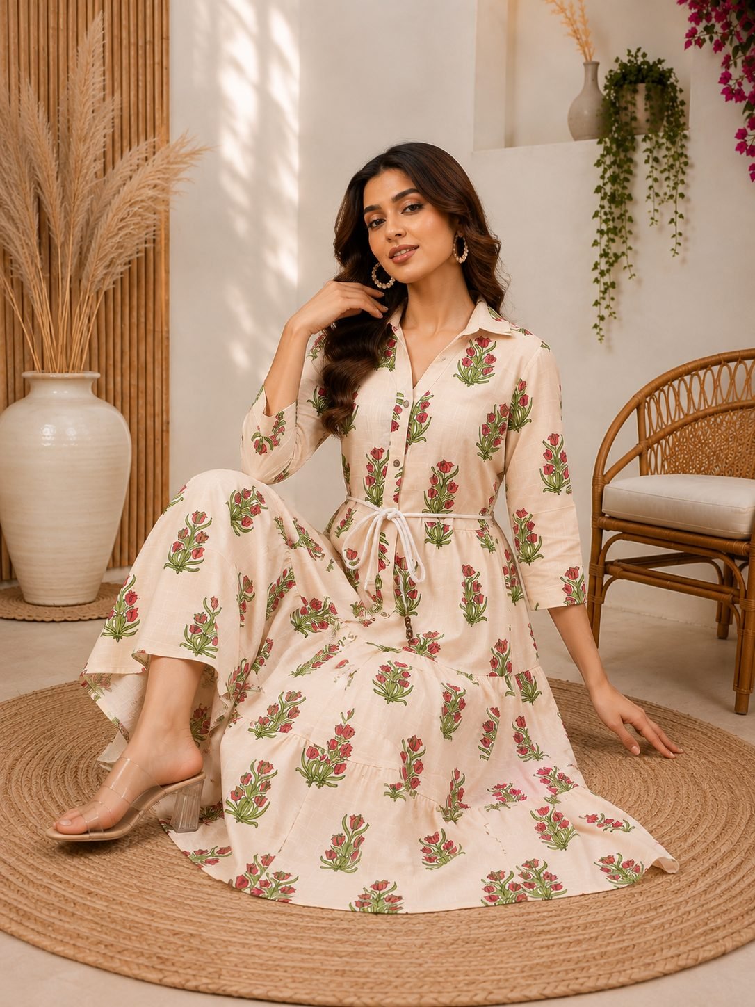 RANGRIWAZ Women Cream Floral Printed Shirt Collar Tiered Midi Dress with Waist Tie-Up - Image 4