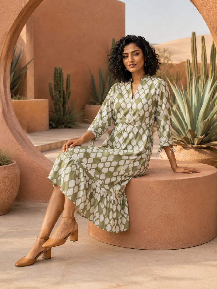 RANGRIWAZ Women Olive Green & Ivory Ikat Print Drawstring Tiered Midi Dress - Image 4