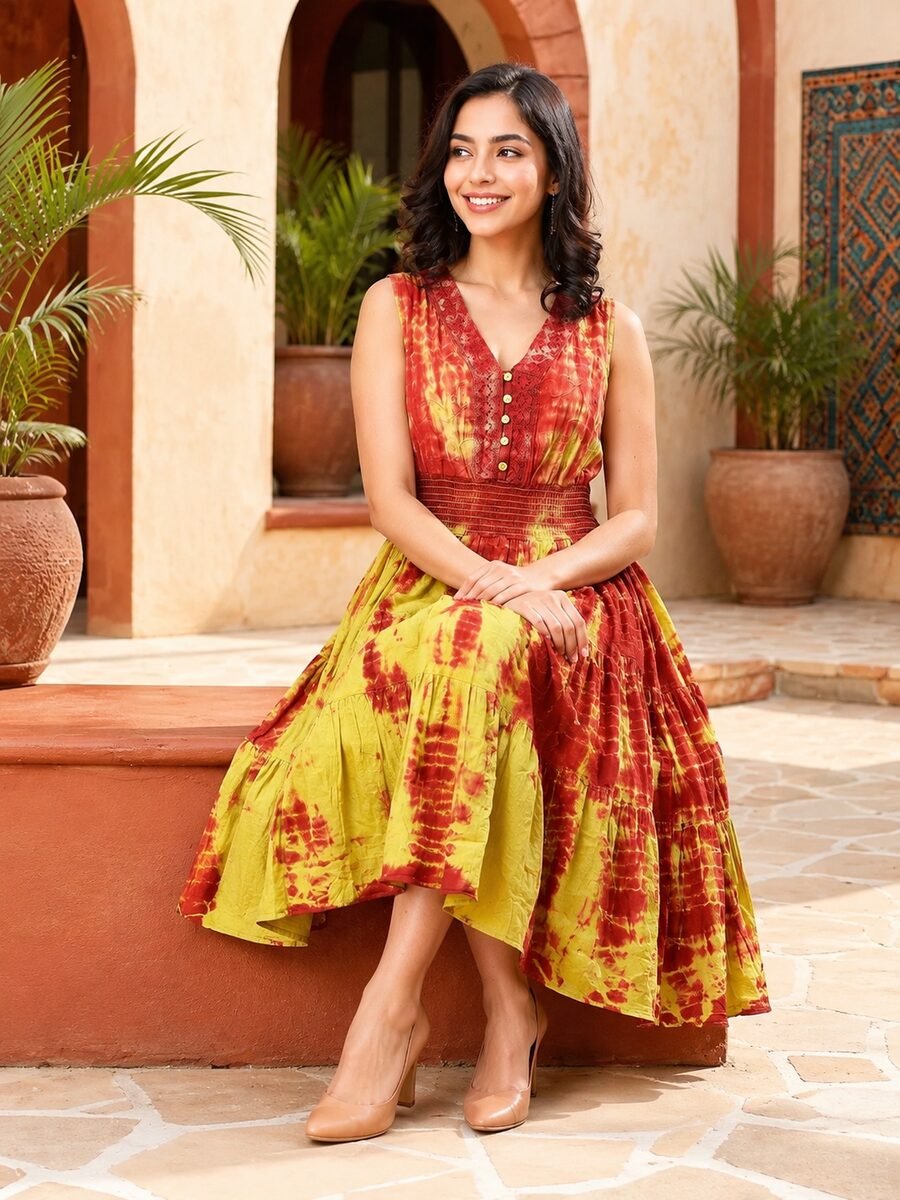 RANGRIWAZ Women Rust Red & Lime Green Tie-Dye Tiered Fit & Flare Midi Dress - Image 4