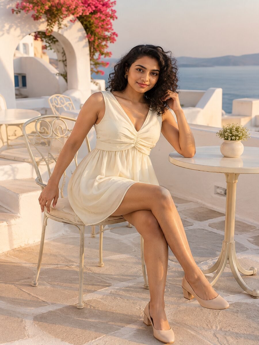 RANGRIWAZ Women Ivory Ruched Waist Deep V-Neck Sleeveless Mini Dress - Image 4