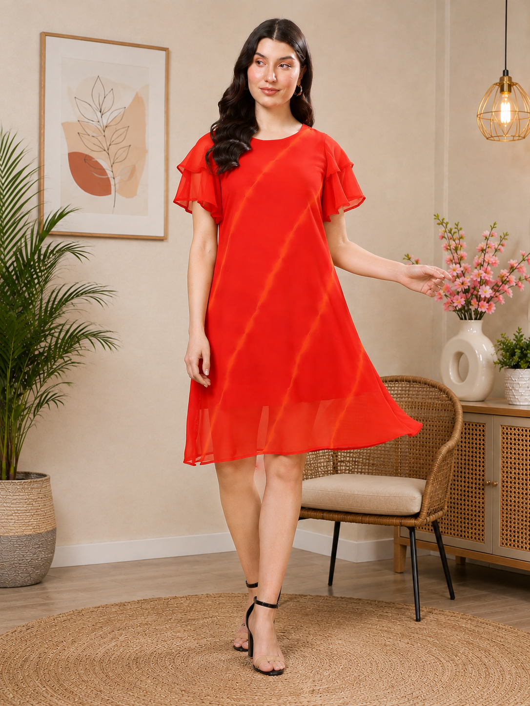 RANGRIWAZ Women Solid Red A-Line Dress with Ruffle Sleeves & Sheer Hem - Image 4