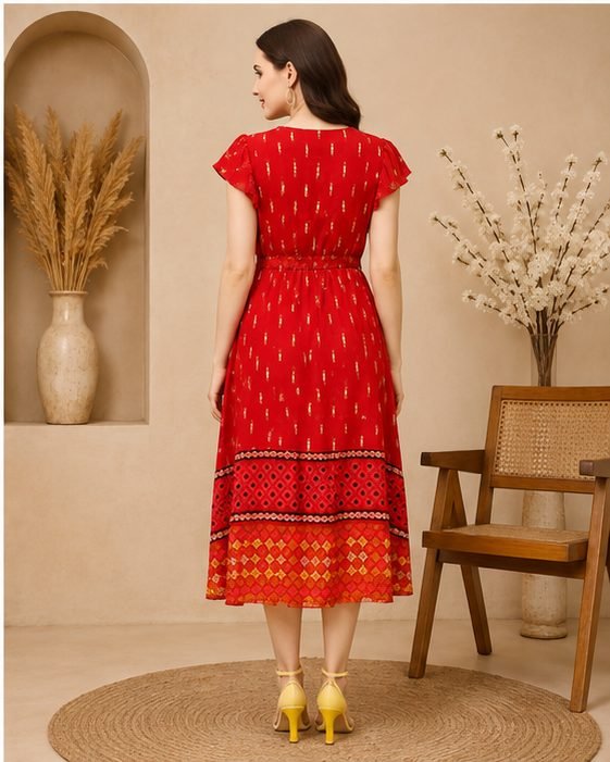 RANGRIWAZ Women Red Printed Fit & Flare Knee Length Dress - Image 4