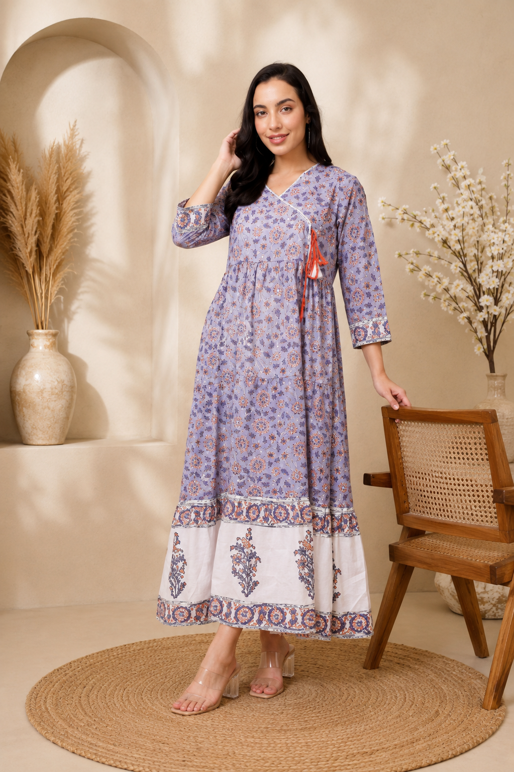 RANGRIWAZ Women Lavender Printed Anarkali Maxi Dress with 3/4 Sleeves