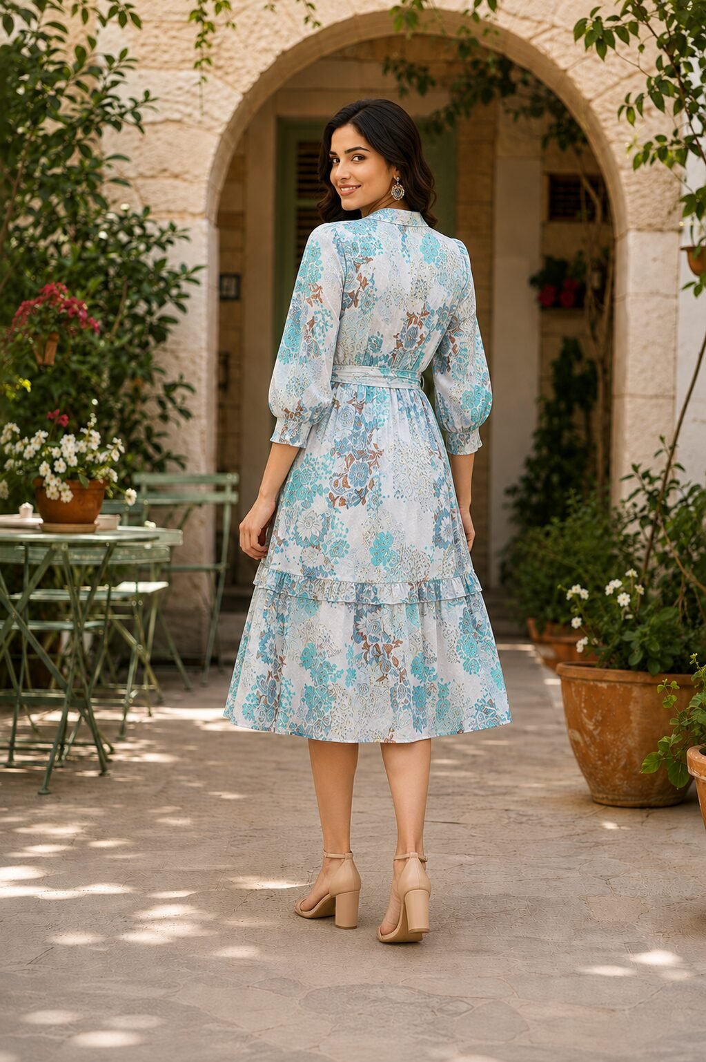 RANGRIWAZ Women Aqua Blue Floral Paisley Printed Fit & Flare Tiered Midi Dress with Tie-Up Waist - Image 4