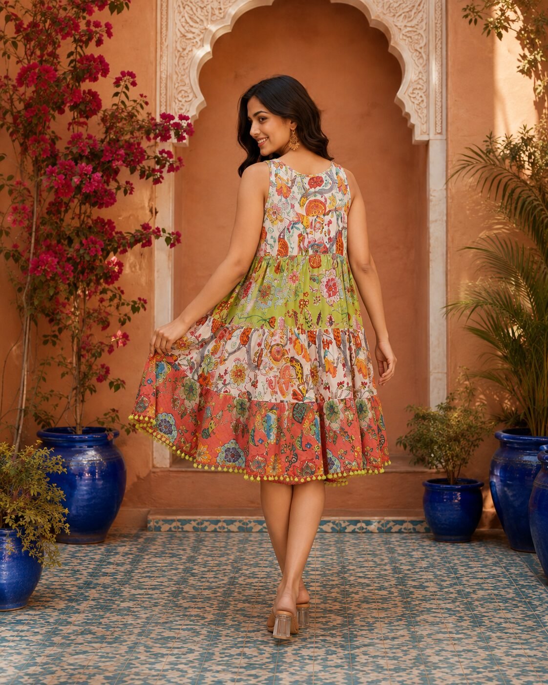 RANGRIWAZ Women Multicolour Bohemian Floral Paisley Printed Tiered Fit & Flare Midi Dress - Image 5