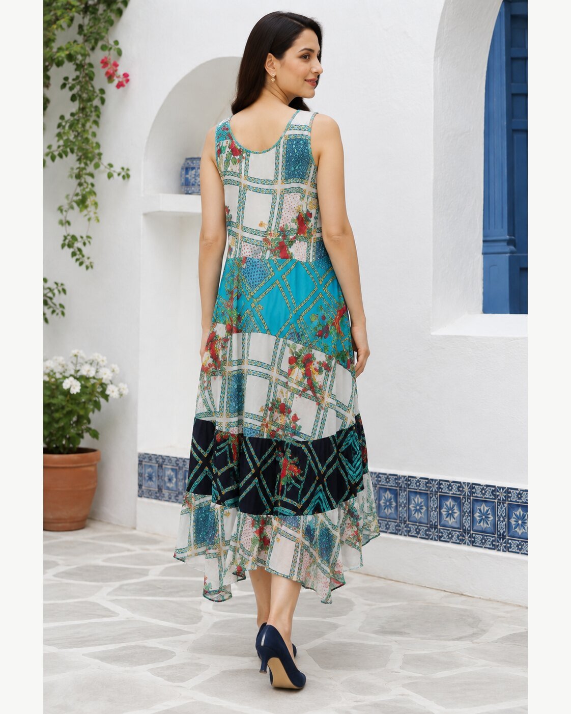 RANGRIWAZ Women Blue Multicolour Patchwork Printed High-Low Midi Dress - Image 5