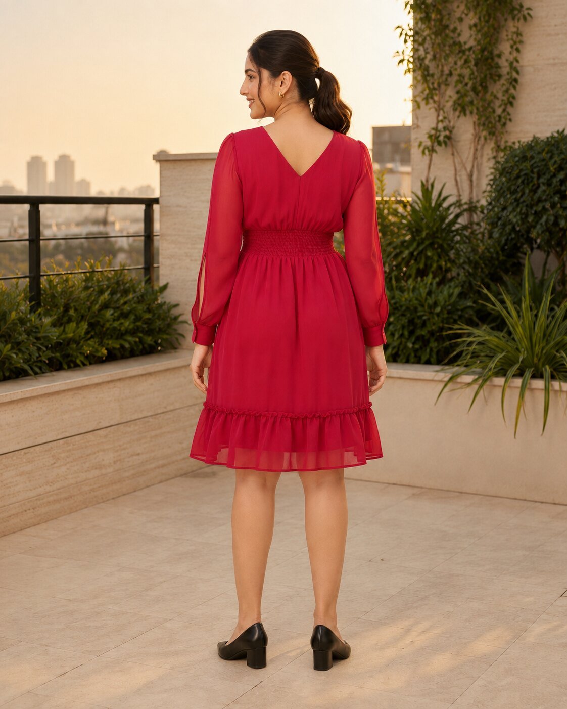 RANGRIWAZ Women Red V-Neck Smocked Waist Fit & Flare Knee-Length Dress - Image 5