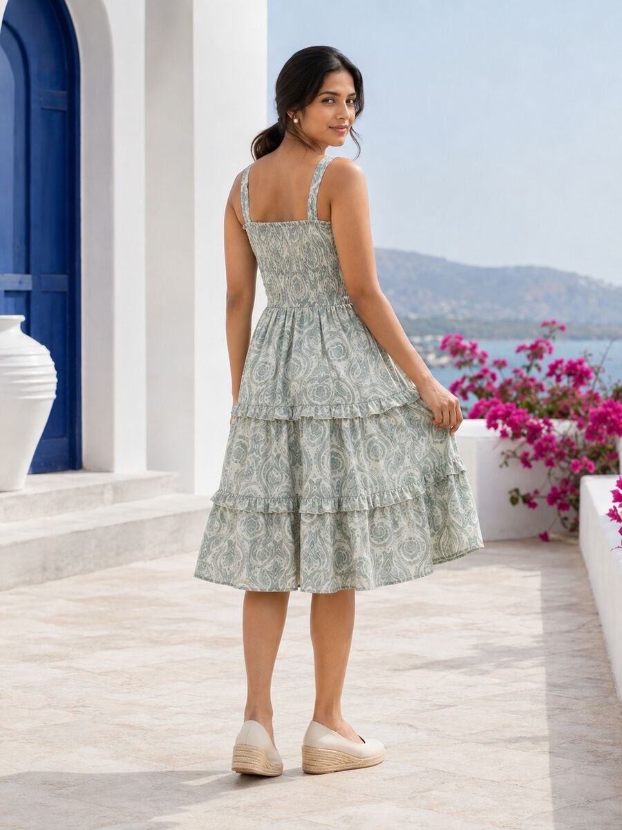 RANGRIWAZ Women Sage Grey & Ivory Paisley Printed Smocked Tiered Midi Dress - Image 2