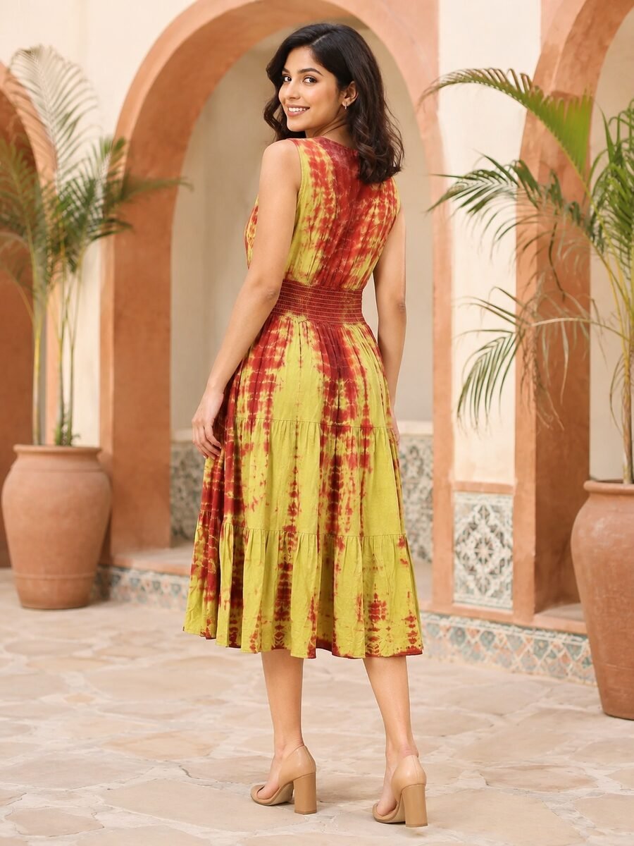 RANGRIWAZ Women Rust Red & Lime Green Tie-Dye Tiered Fit & Flare Midi Dress - Image 5