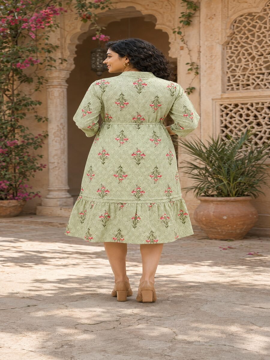 RANGRIWAZ Women Sage Green Floral Printed Collared Drawstring Midi Dress - Image 5