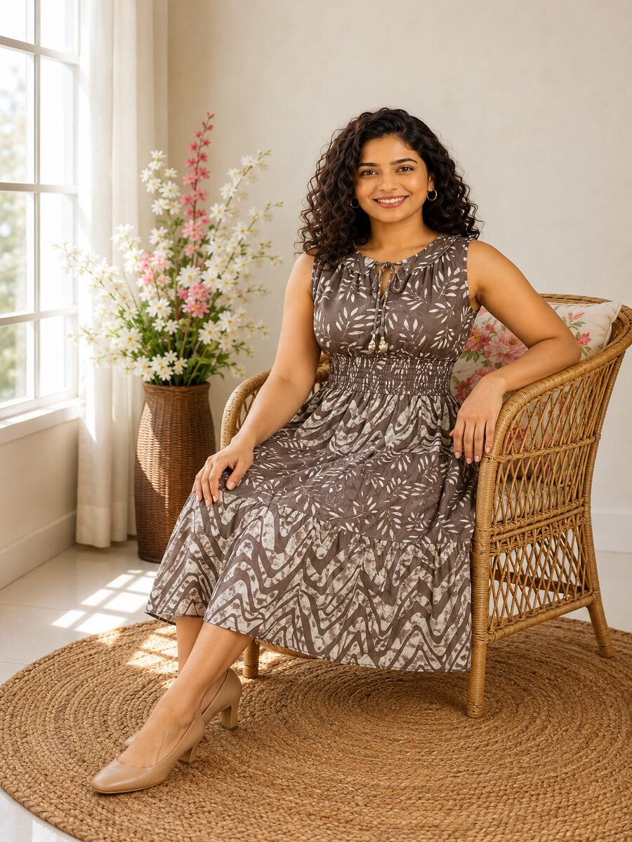 RANGRIWAZ Women Taupe Brown Printed Smocked Waist Sleeveless Tiered Midi Dress - Image 5