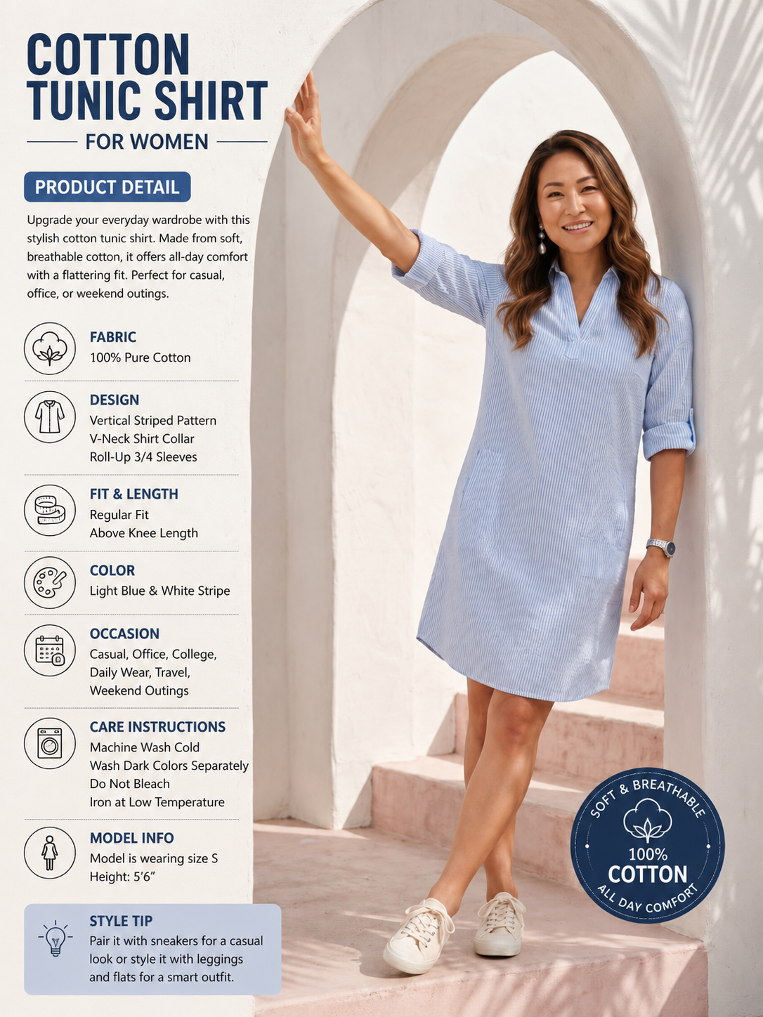 RANGRIWAZ Women Cotton Shirt Light Blue, White Below Knee