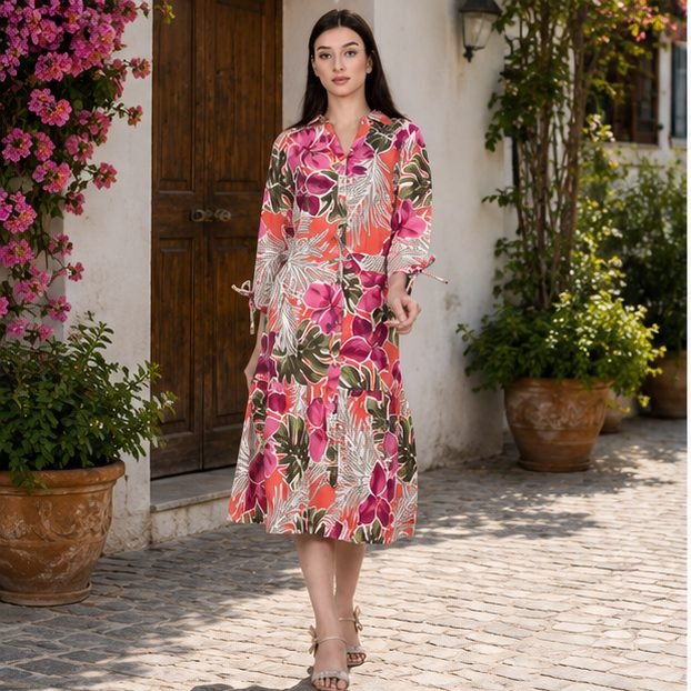 RANGRIWAZ Women Coral Pink Floral Printed A-Line Midi Dress with V-Neck & Tie-Up Sleeves - Image 2