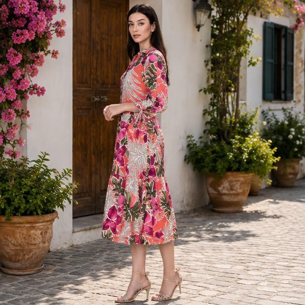 RANGRIWAZ Women Coral Pink Floral Printed A-Line Midi Dress with V-Neck & Tie-Up Sleeves - Image 3