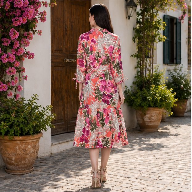RANGRIWAZ Women Coral Pink Floral Printed A-Line Midi Dress with V-Neck & Tie-Up Sleeves - Image 4