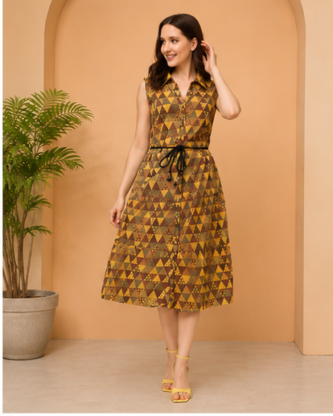 RANGRIWAZ Women Printed A-Line Dress Brown and Yellow, Knee Length