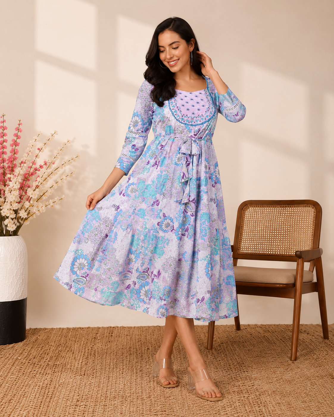 RANGRIWAZ Women Floral Printed Fit & Flare Midi Dress with Tie-Up Waist - Image 4