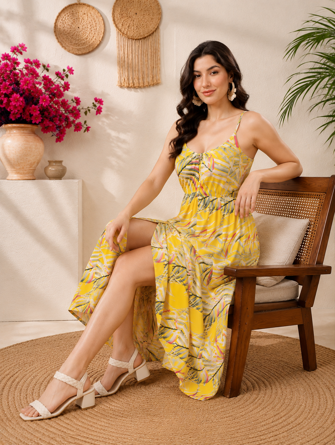 RANGRIWAZ Women’s Yellow & White Printed Tiered Fit & Flare Midi Dress - Image 3