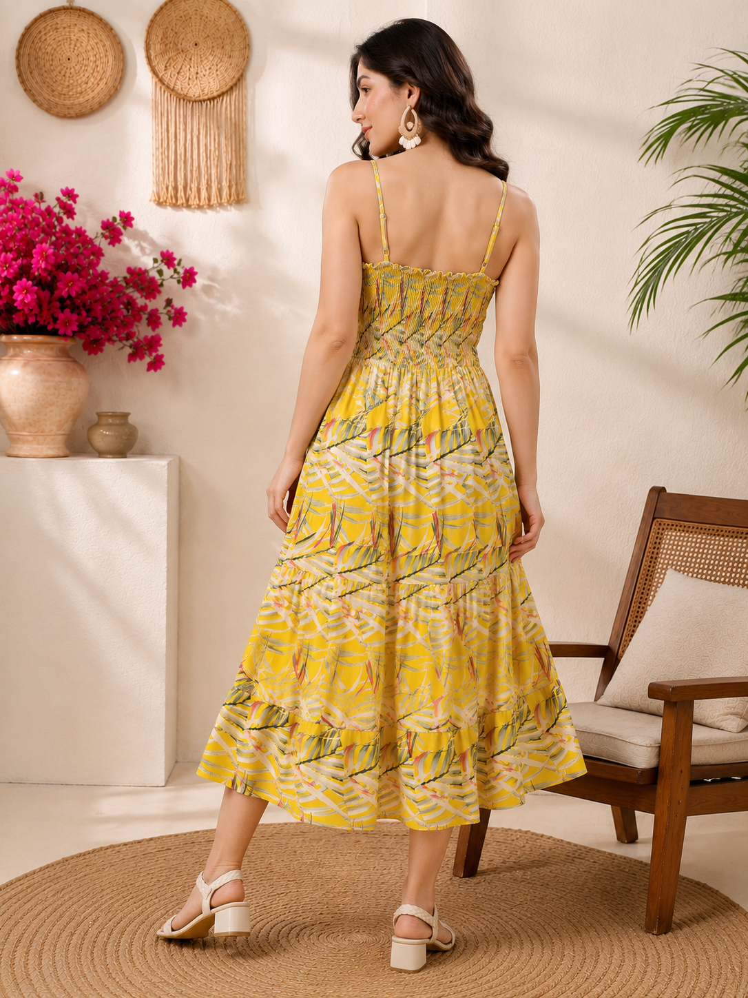 RANGRIWAZ Women’s Yellow & White Printed Tiered Fit & Flare Midi Dress - Image 4