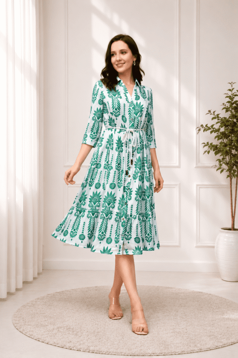 RANGRIWAZ Women Floral Printed Shirt Dress Green and White, Midi Length