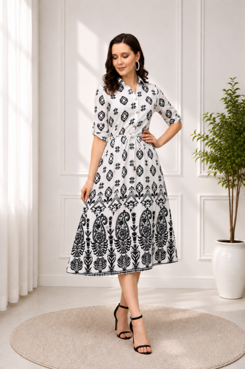 RANGRIWAZ Women Black Printed Shirt Dress White, Midi Length