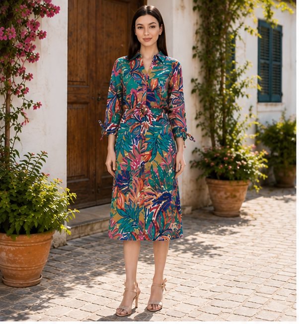 RANGRIWAZ Women Teal Green Tropical Printed Midi Dress with V-Neck & Waist Tie-Up - Image 2