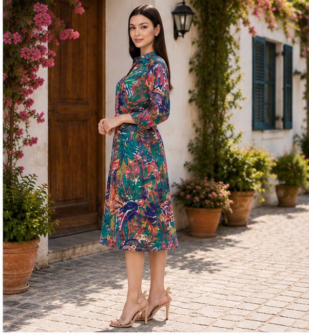 RANGRIWAZ Women Teal Green Tropical Printed Midi Dress with V-Neck & Waist Tie-Up - Image 3