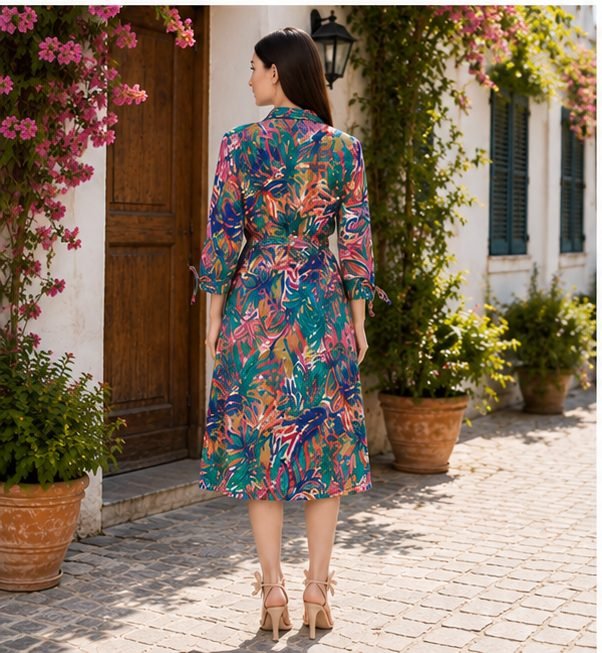 RANGRIWAZ Women Teal Green Tropical Printed Midi Dress with V-Neck & Waist Tie-Up - Image 4