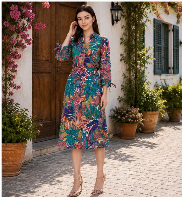 RANGRIWAZ Women Teal Green Tropical Printed Midi Dress with V-Neck & Waist Tie-Up