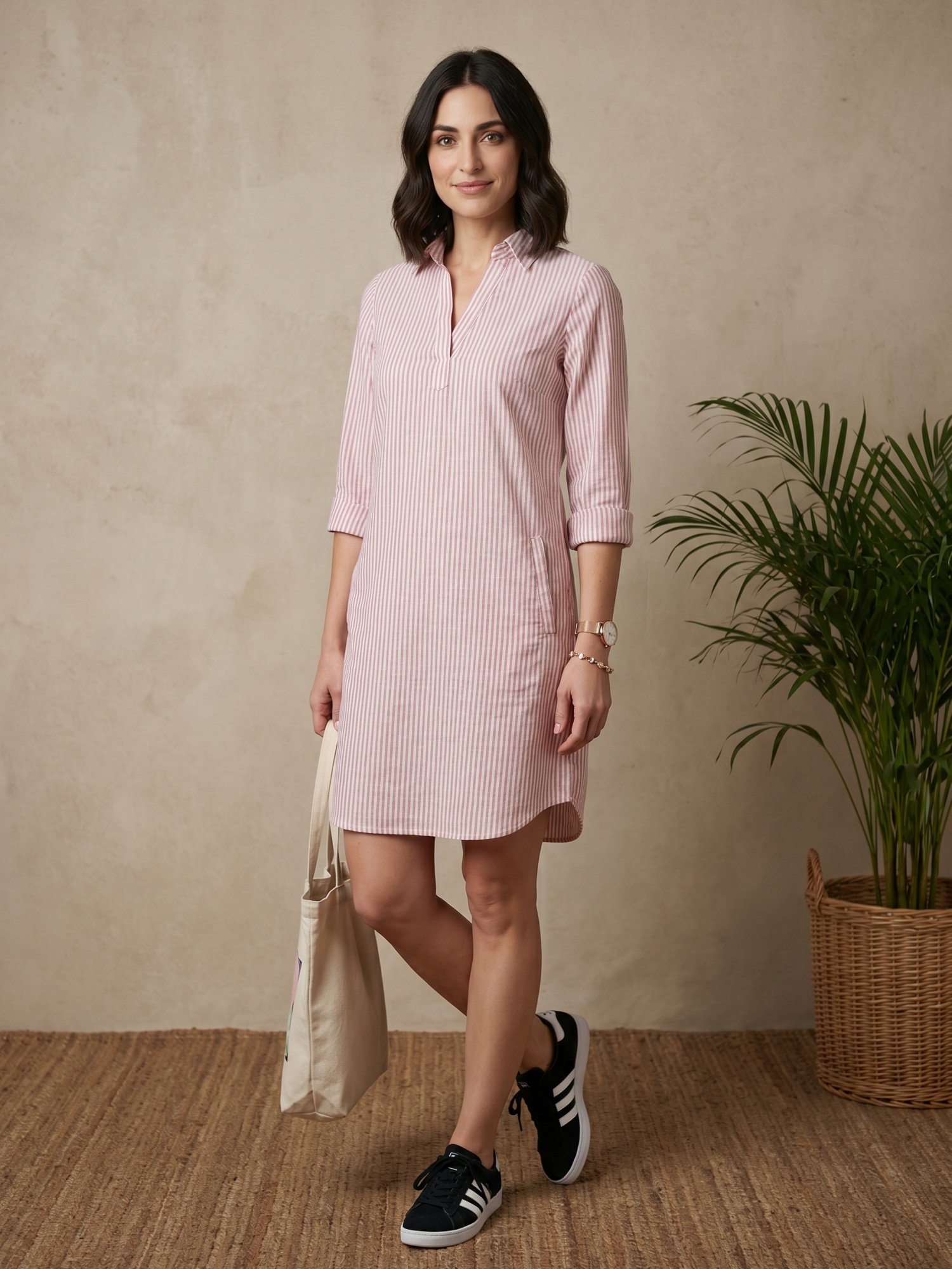 RANGRIWAZ Women Cotton Tunic Shirt Pink, White Below Knee