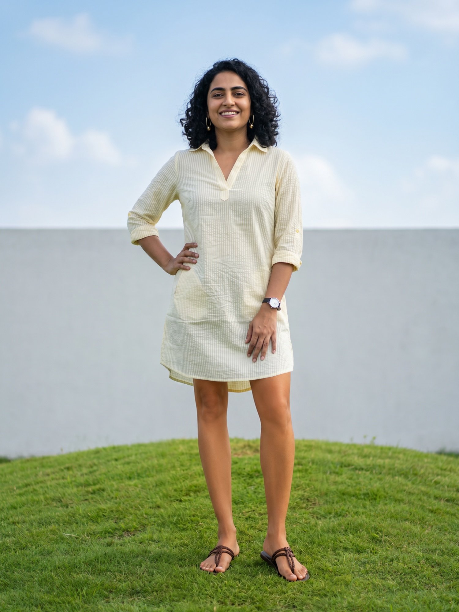 RANGRIWAZ Women's Yellow Striped Cotton Shirt Dress | Roll-Up Sleeves | Collared Neck | Casual Above Knee Tunic Dress
