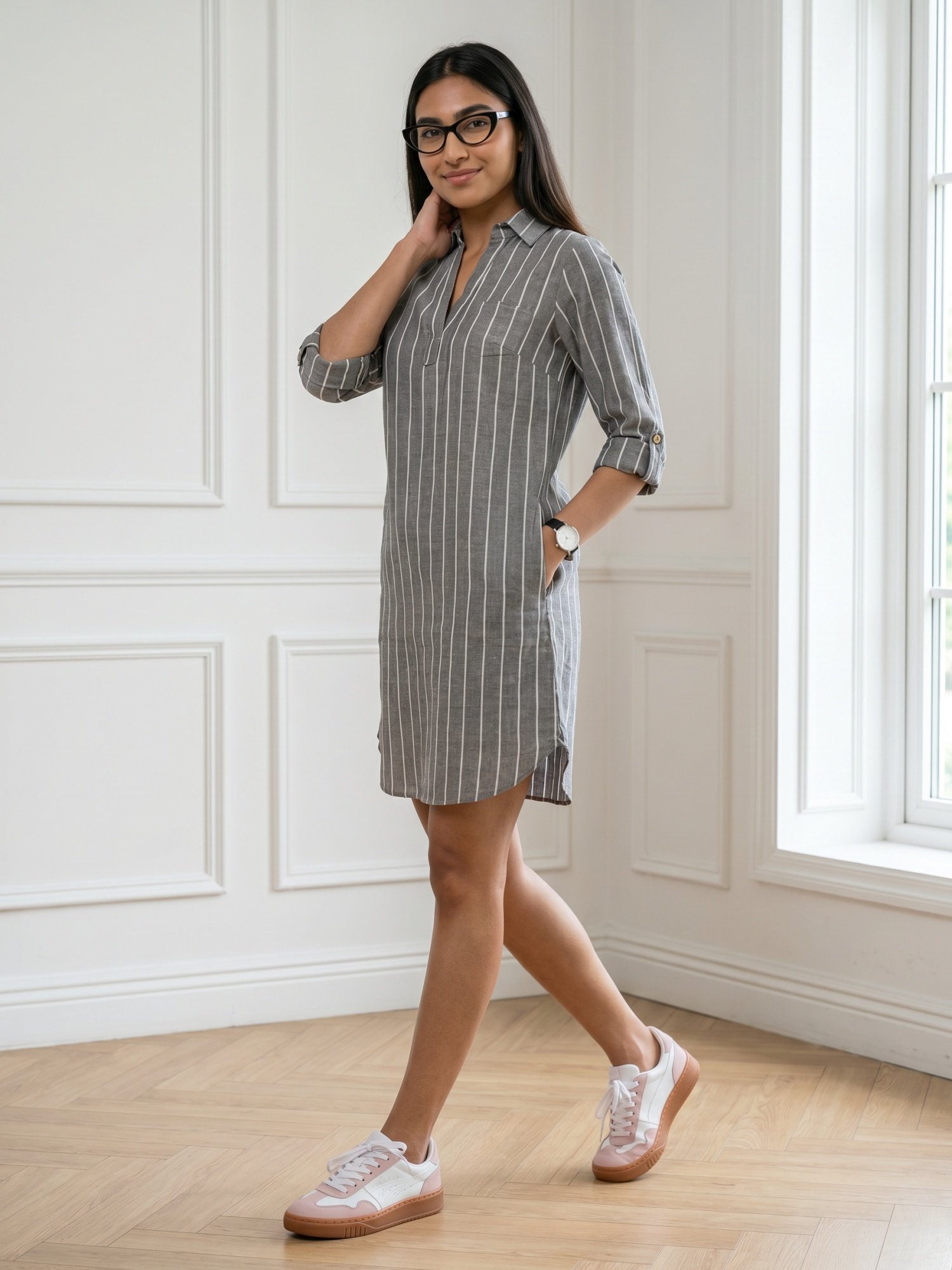RANGRIWAZ Women Striped Tunic Shirt Dress Grey, White Below Knee - Image 5