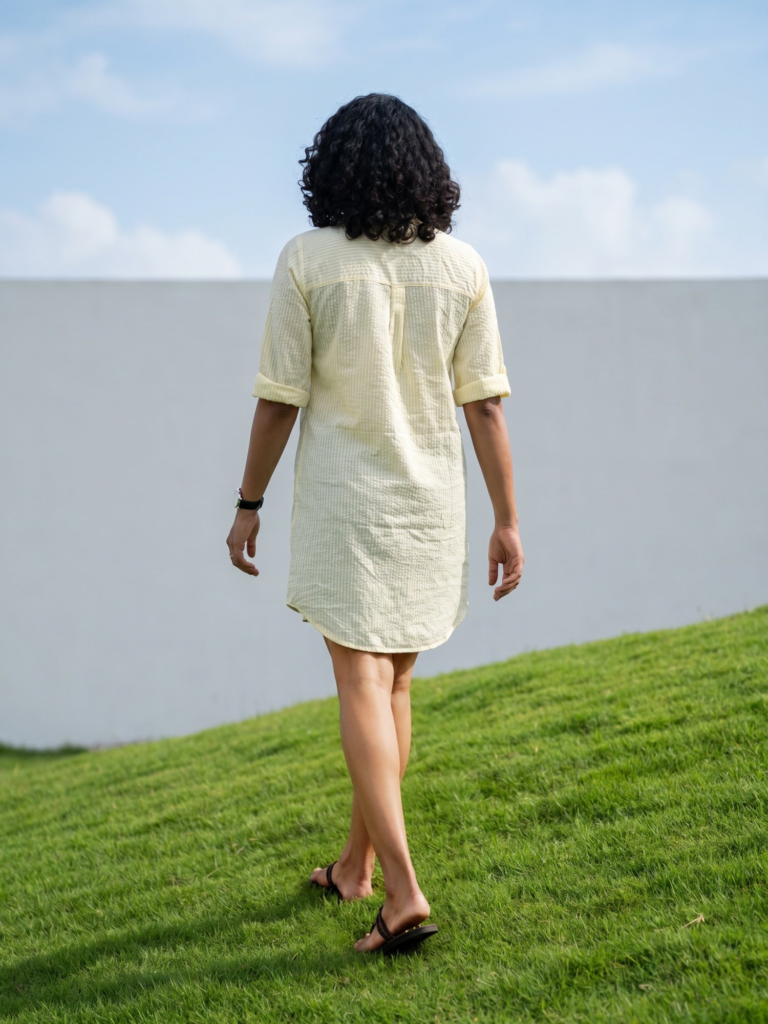 RANGRIWAZ Women's Yellow Striped Cotton Shirt Dress | Roll-Up Sleeves | Collared Neck | Casual Above Knee Tunic Dress - Image 3