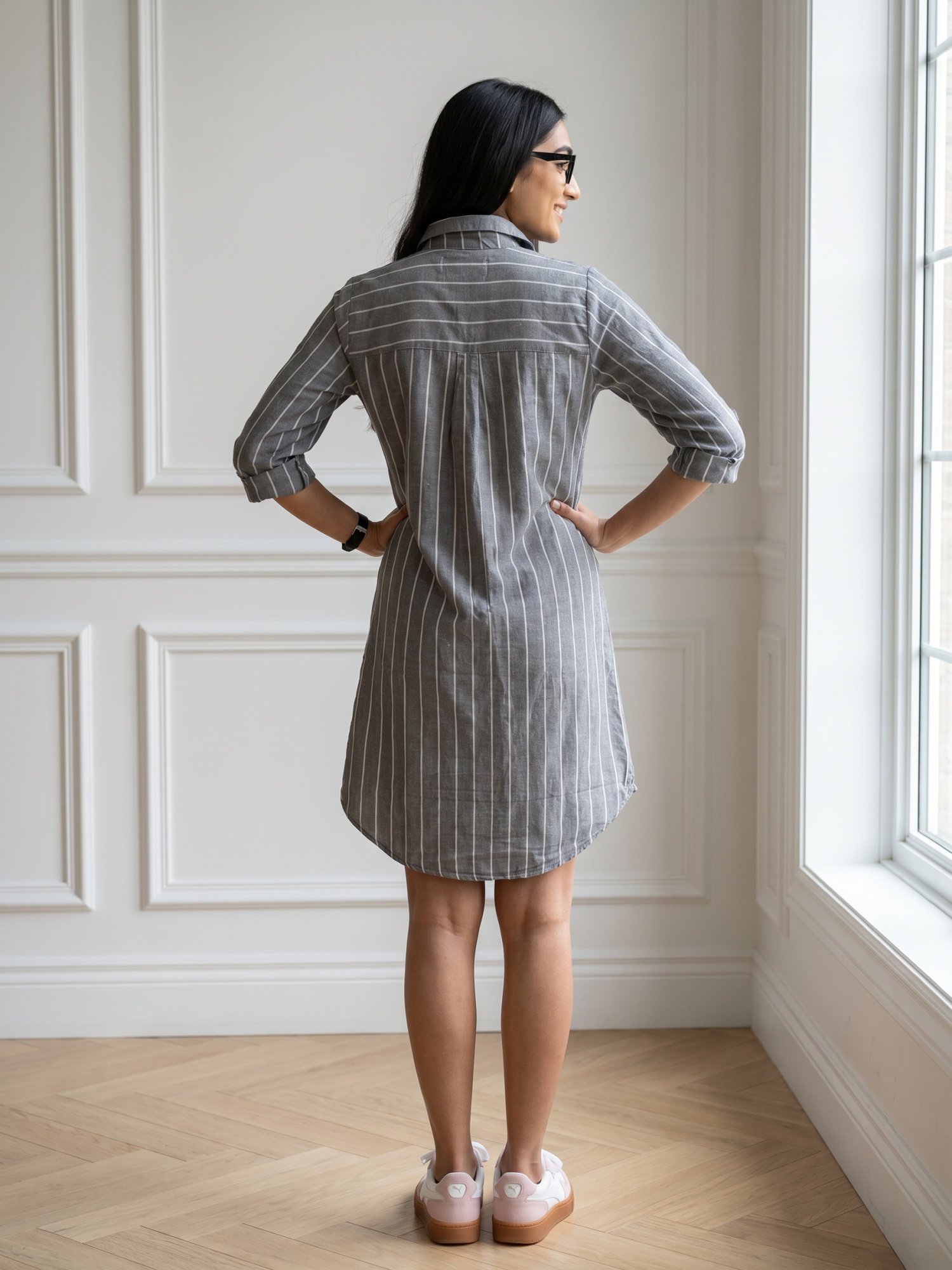 RANGRIWAZ Women Striped Tunic Shirt Dress Grey, White Below Knee - Image 3