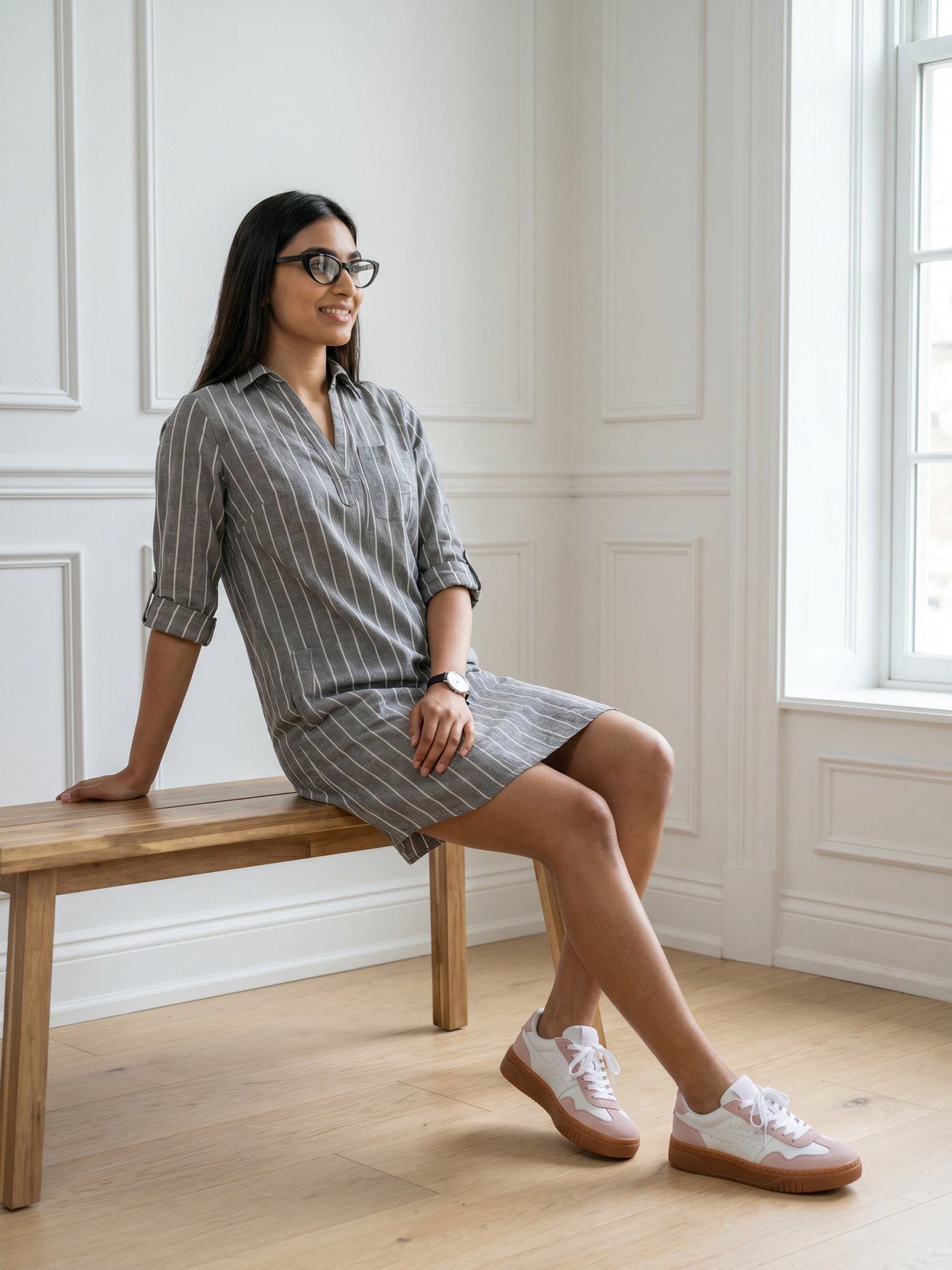 RANGRIWAZ Women Striped Tunic Shirt Dress Grey, White Below Knee - Image 2