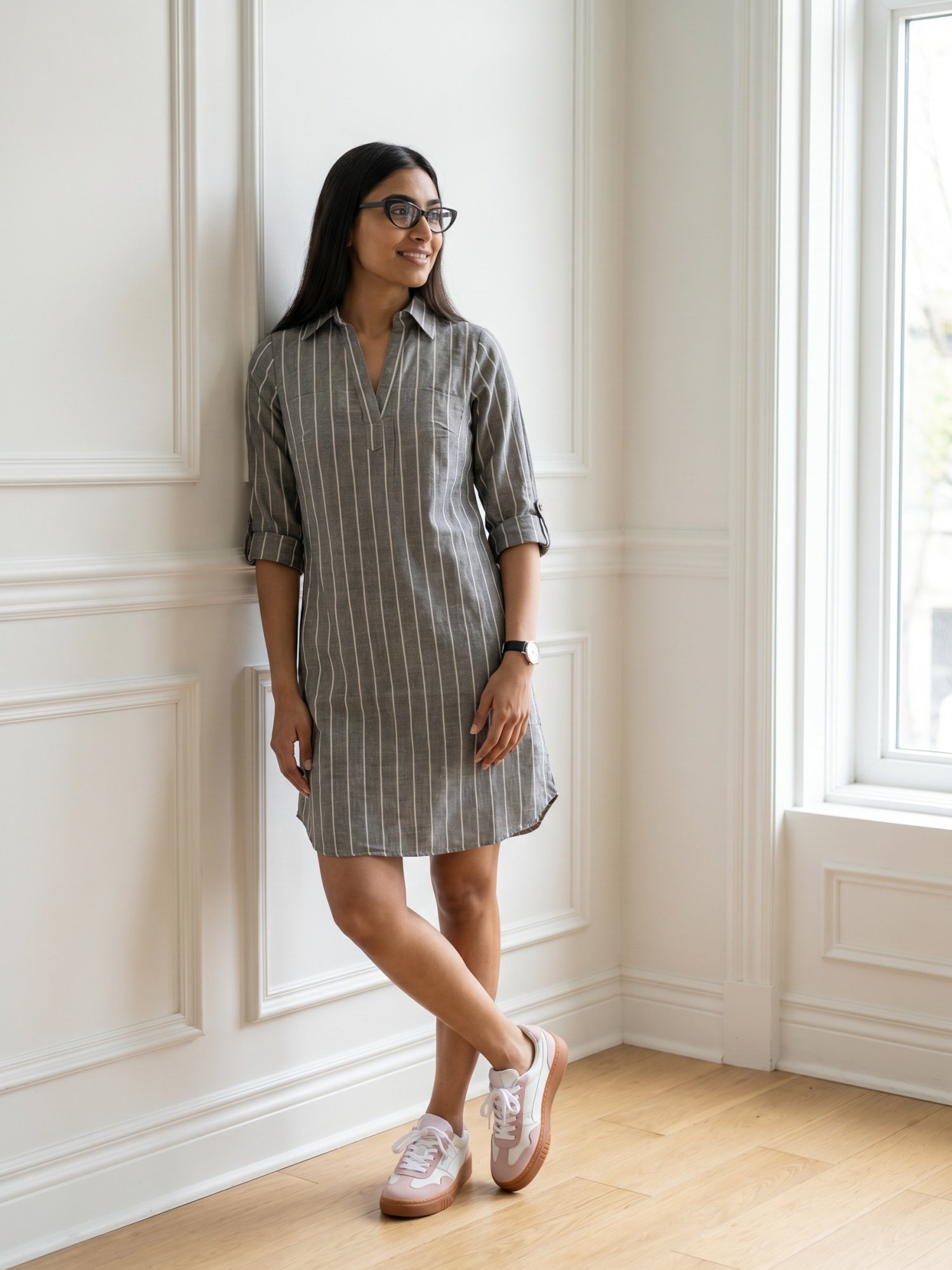 RANGRIWAZ Women Striped Tunic Shirt Dress Grey, White Below Knee