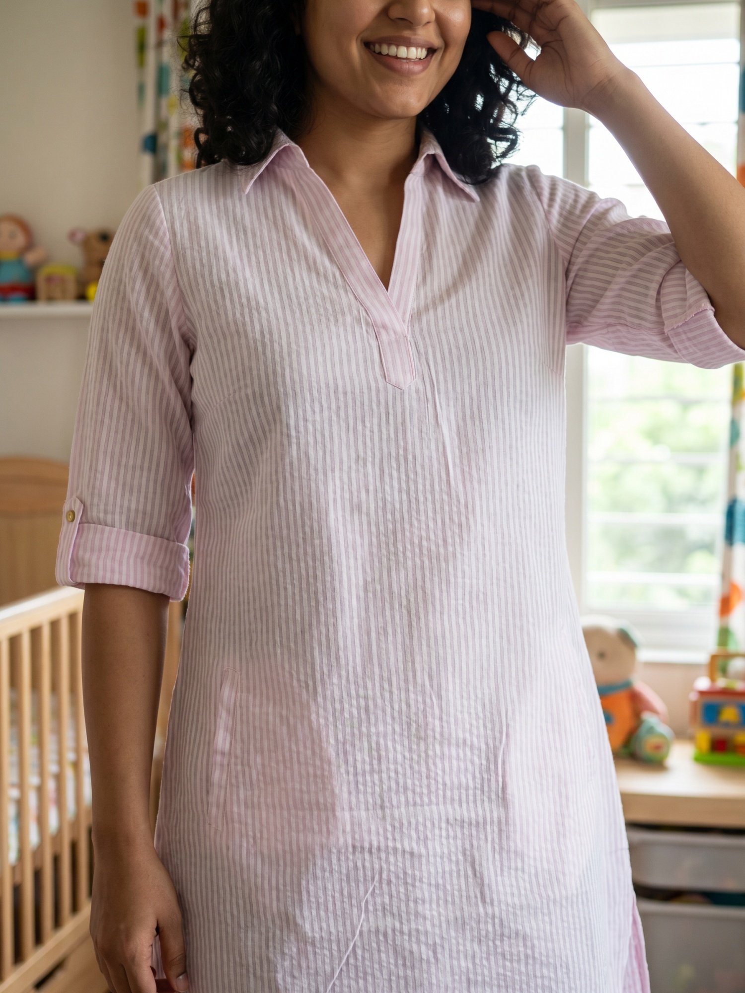 RANGRIWAZ Women Striped Cotton Tunic Shirt White, Pink Below Knee - Image 4