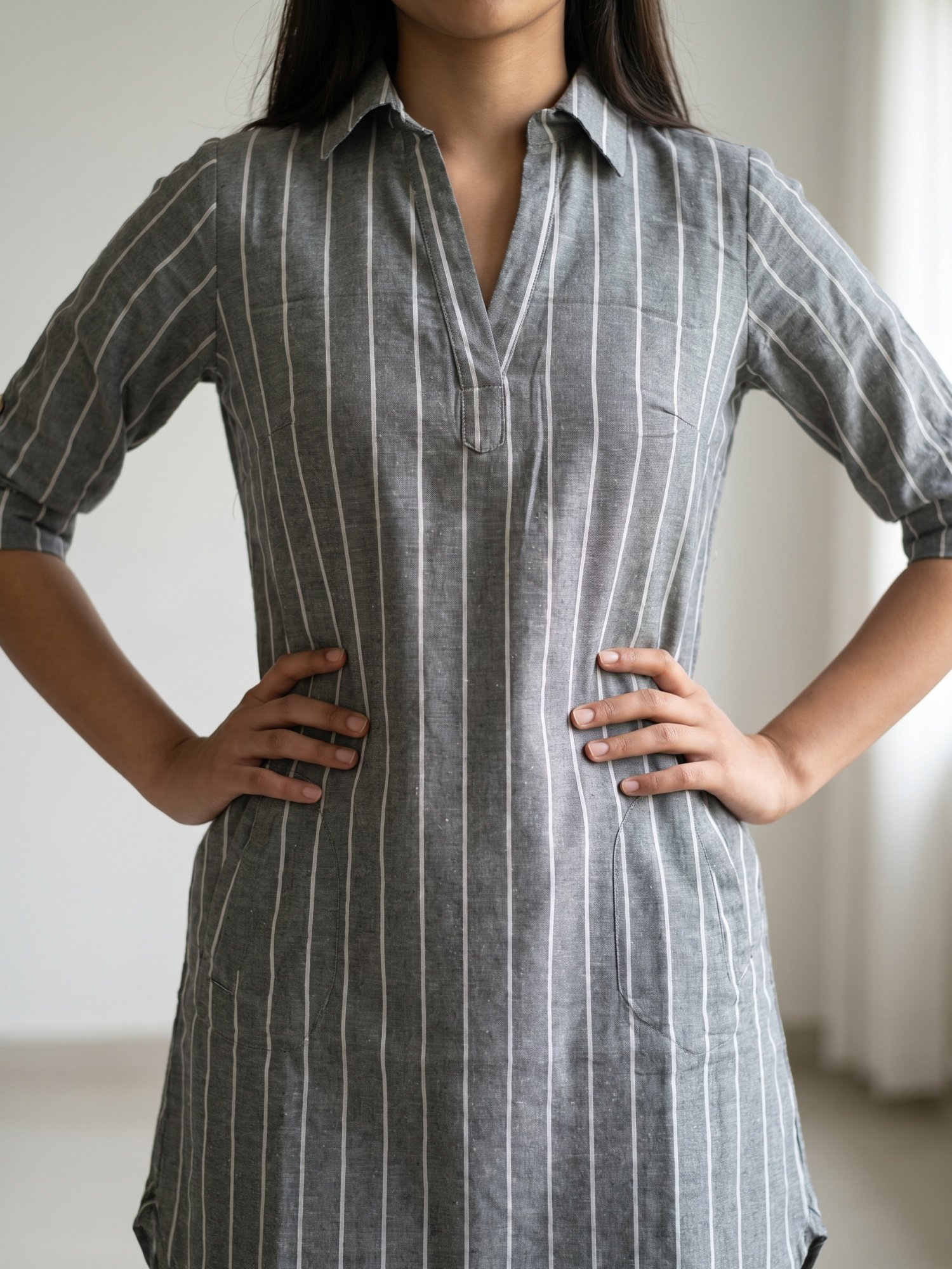 RANGRIWAZ Women Striped Tunic Shirt Dress Grey, White Below Knee - Image 4