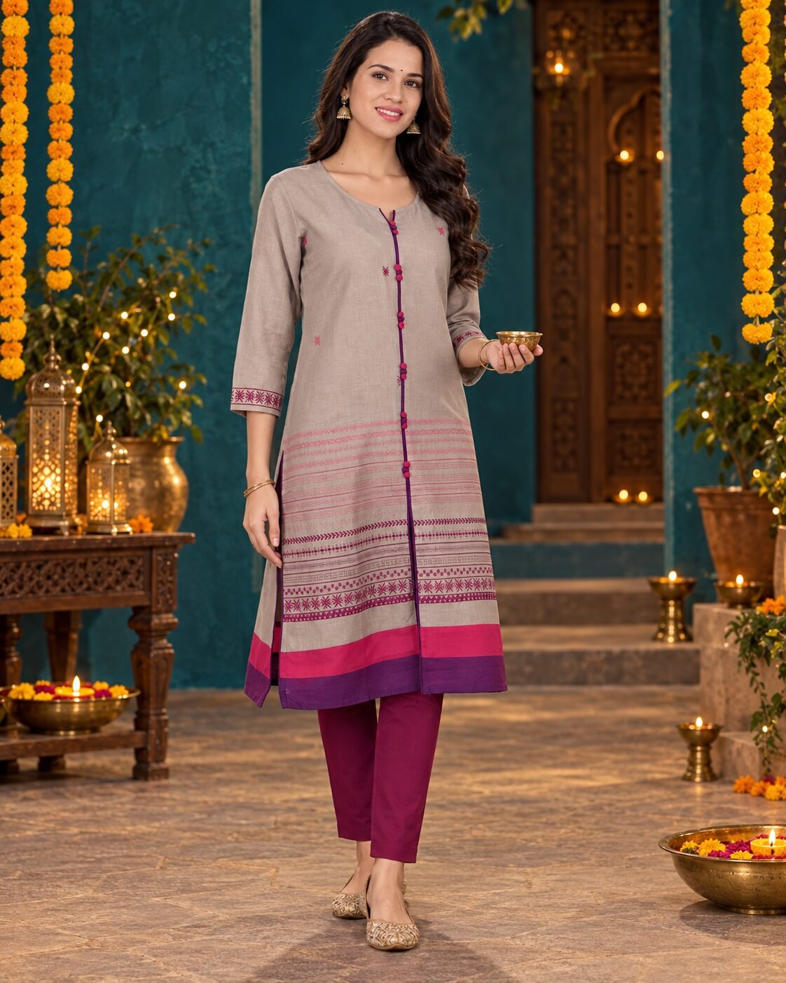 RANGRIWAZ Women Taupe Grey Printed A-Line Kurta with Contrast Border & Button Detail