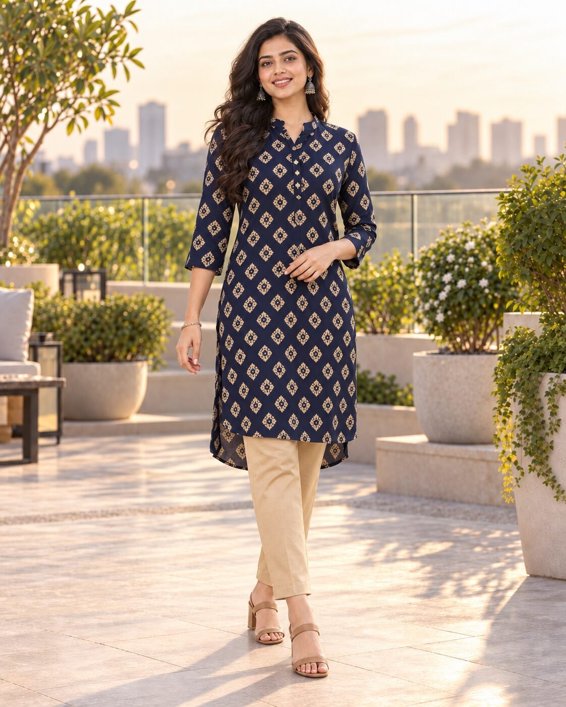 RANGRIWAZ Women Navy Blue Geometric Printed High-Low Straight Kurta