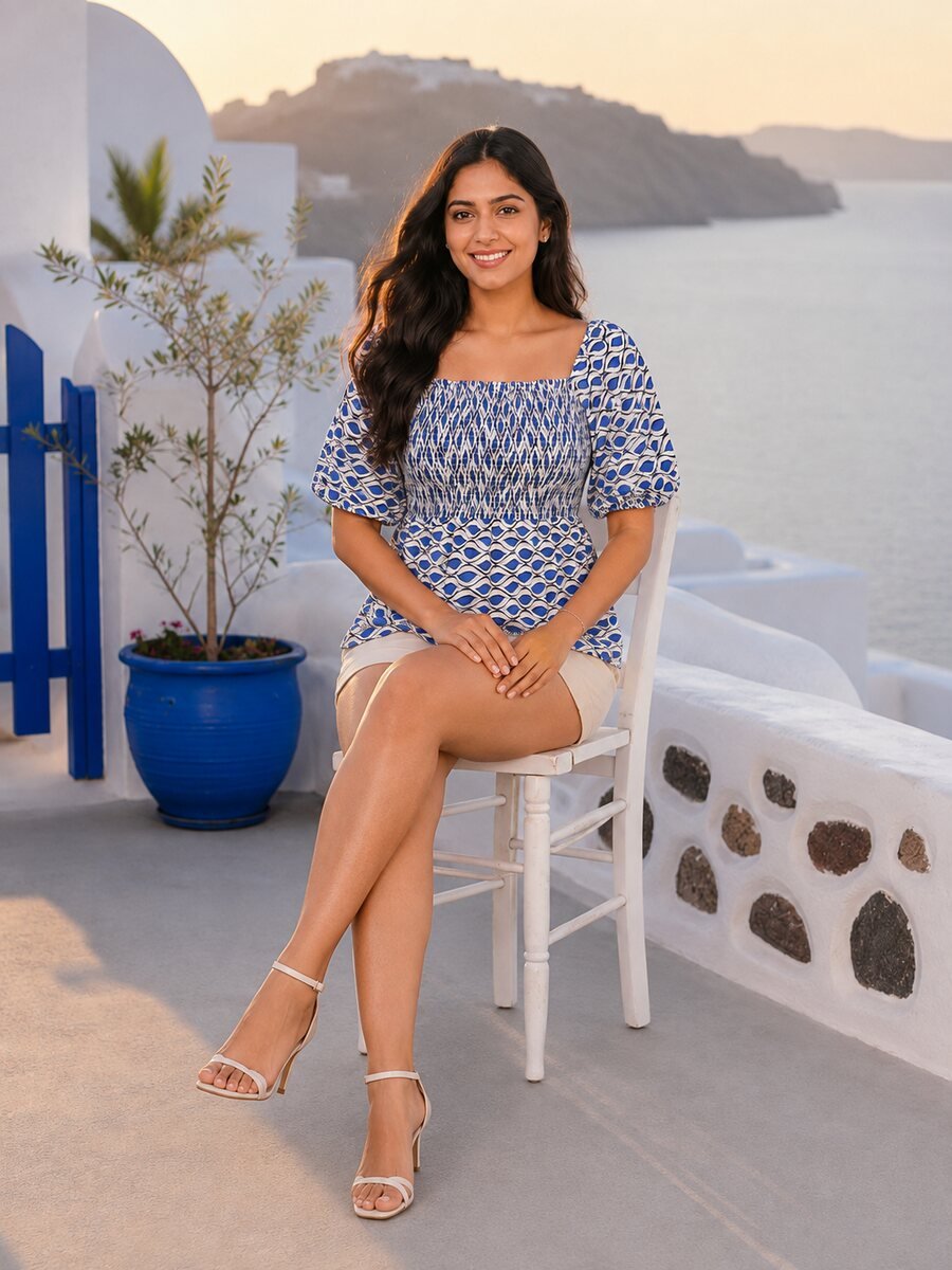 RANGRIWAZ Women Blue & White Geometric Printed Smocked Square-Neck Peplum Top - Image 3