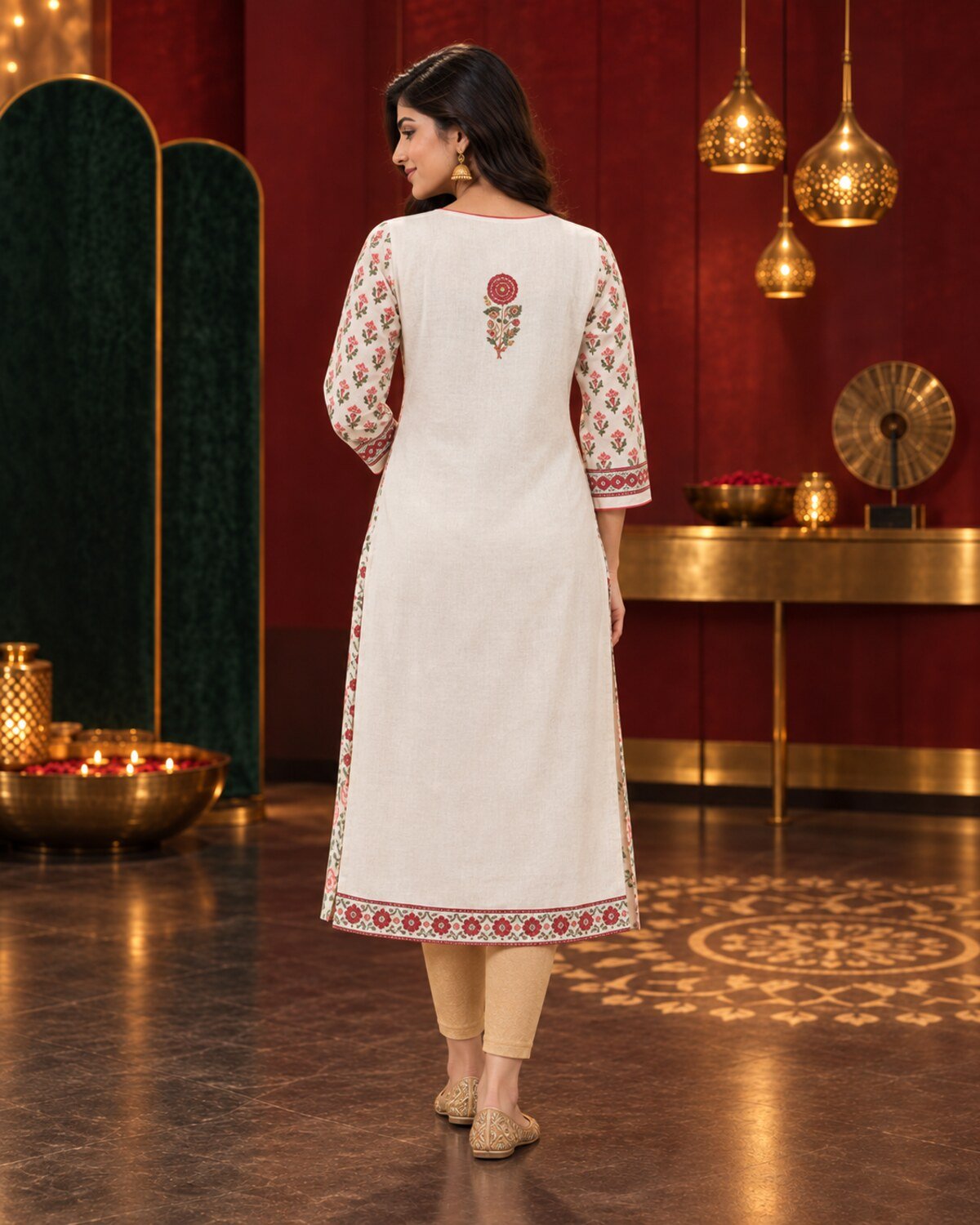 RANGRIWAZ Women Ivory Floral Printed A-Line Kurta with Statement Yoke - Image 2