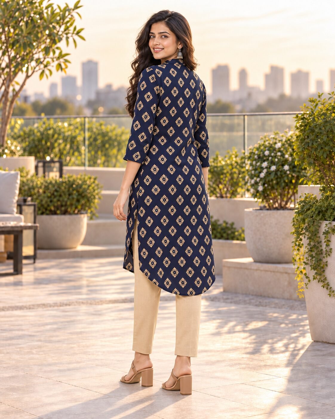 RANGRIWAZ Women Navy Blue Geometric Printed High-Low Straight Kurta - Image 2