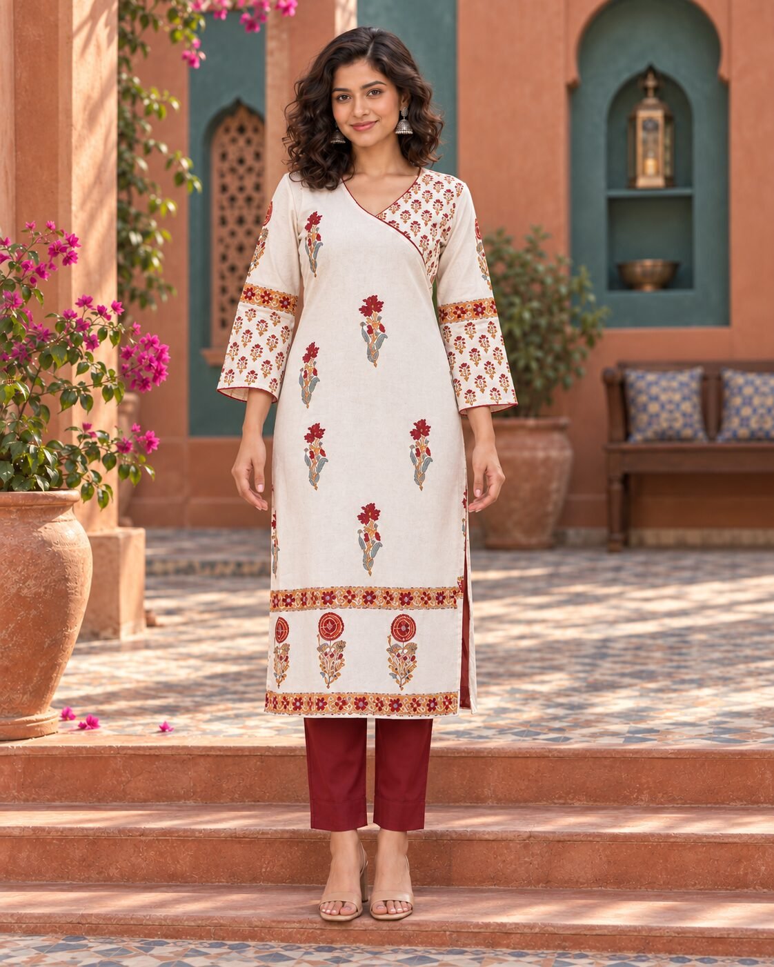 RANGRIWAZ Women Off-White Floral Printed Straight Kurta with Flared Sleeves - Image 2