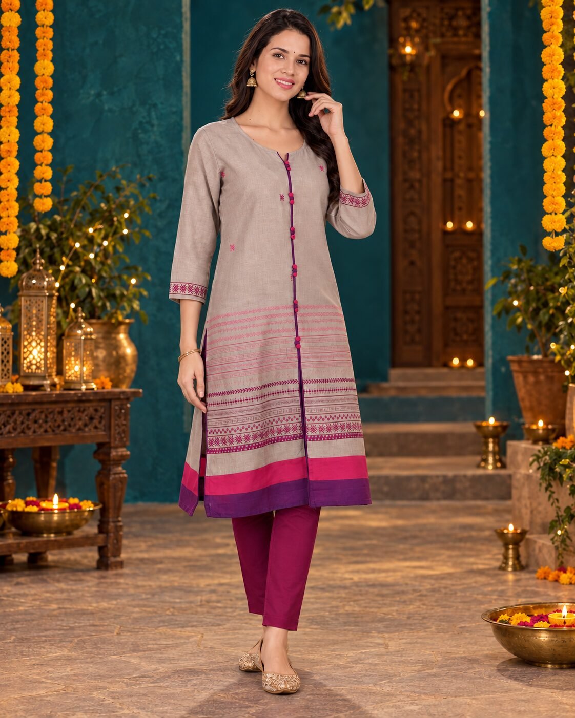 RANGRIWAZ Women Taupe Grey Printed A-Line Kurta with Contrast Border & Button Detail - Image 2