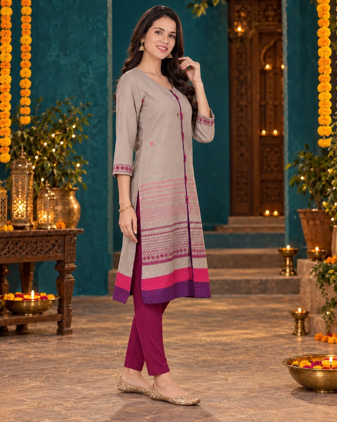 RANGRIWAZ Women Taupe Grey Printed A-Line Kurta with Contrast Border & Button Detail - Image 4