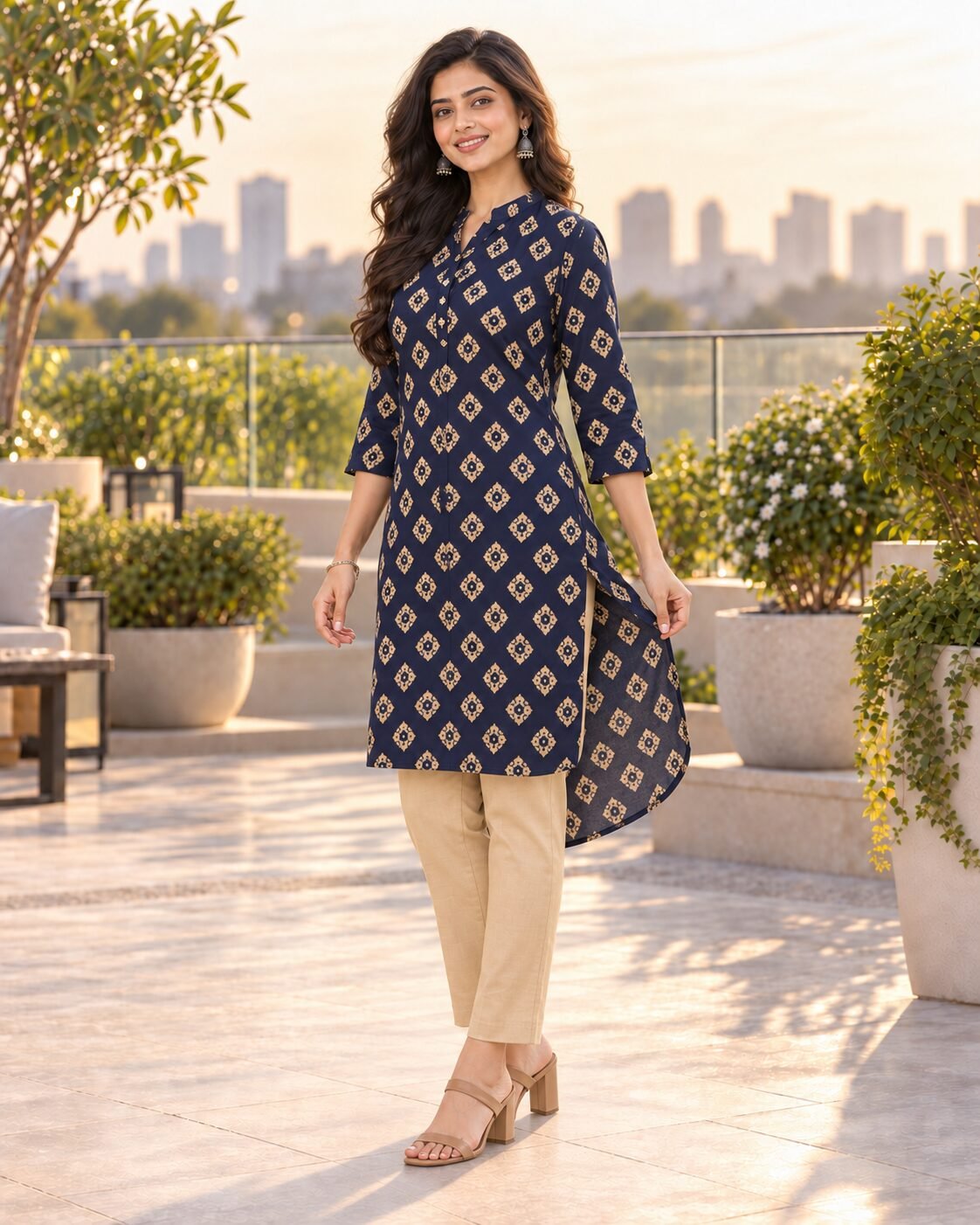 RANGRIWAZ Women Navy Blue Geometric Printed High-Low Straight Kurta - Image 3